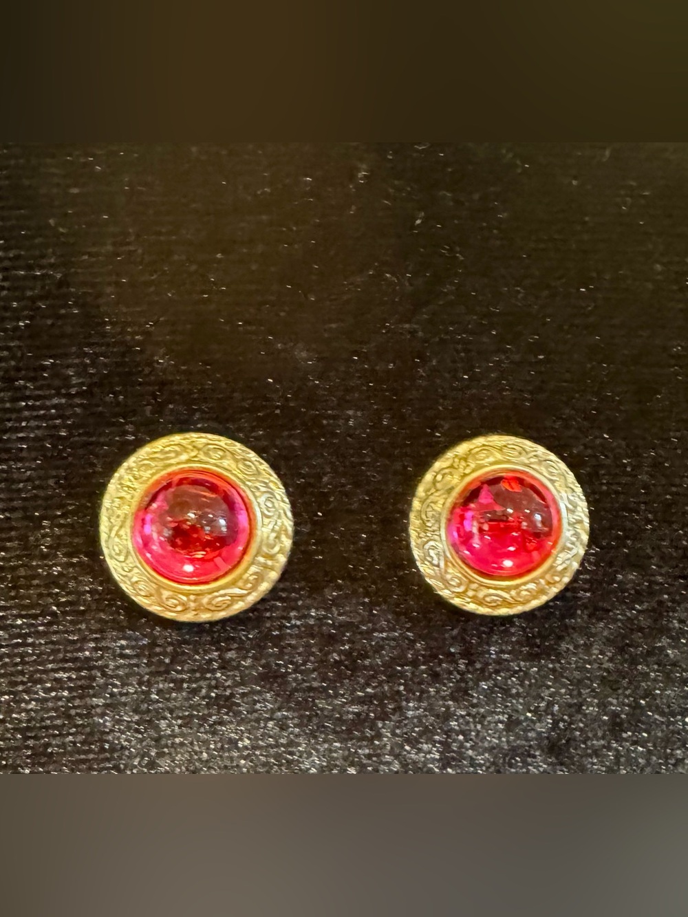 Gold-Tone Earrings with Pink Red Cabochon Center